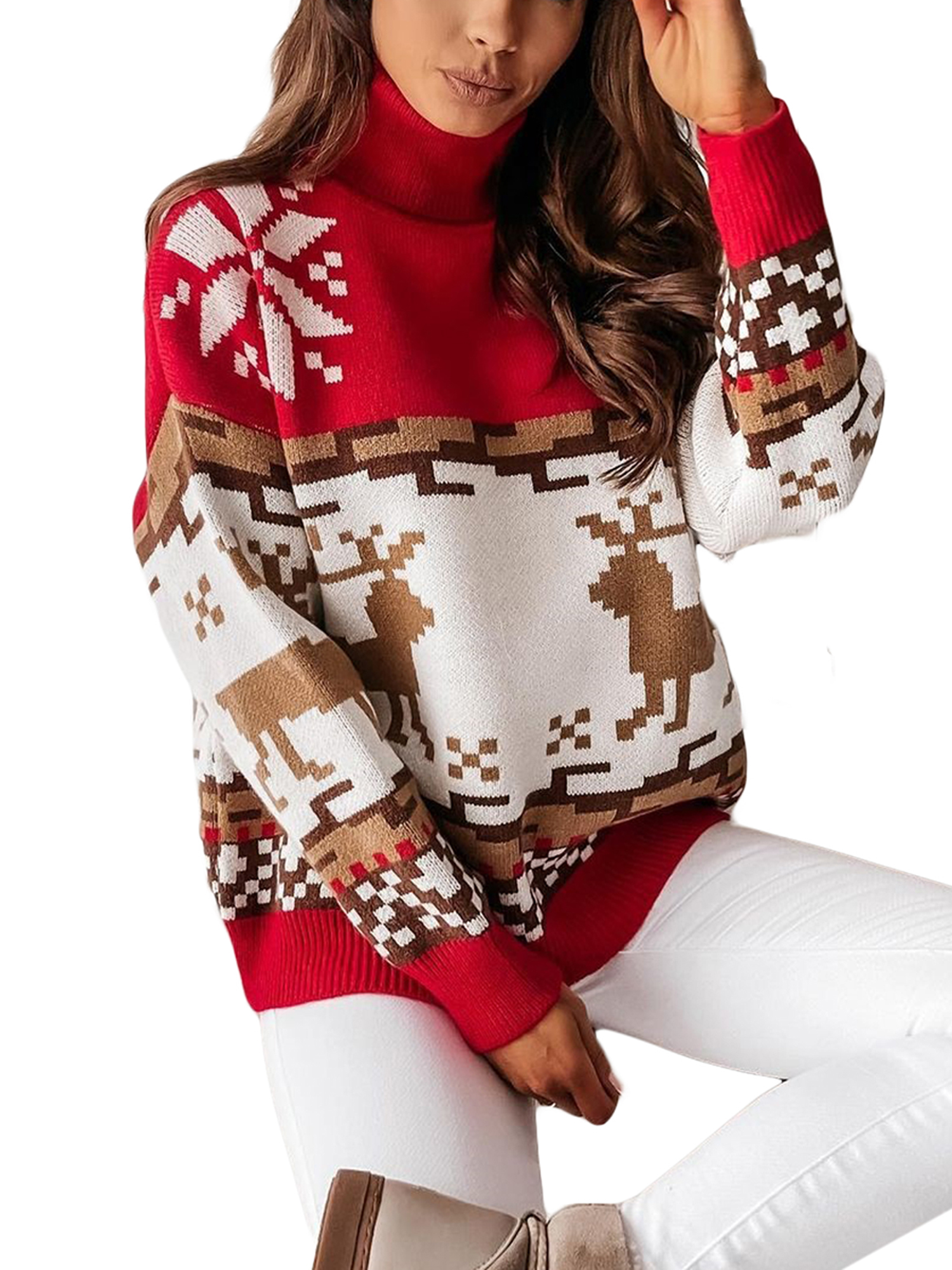 Canis Women's Christmas Round Neck Turtleneck Sweaters, Long Sleeve Elk Snowflake Print Loose Knit Tops - image 2 of 6