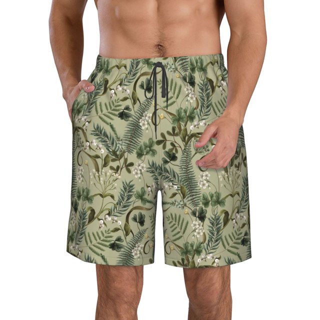 Balery Tropical Plants Green Traje de Baño Estilo Hawaiano para Hombre, Shorts de Secado Rápido con Bolsillos-3X-Large