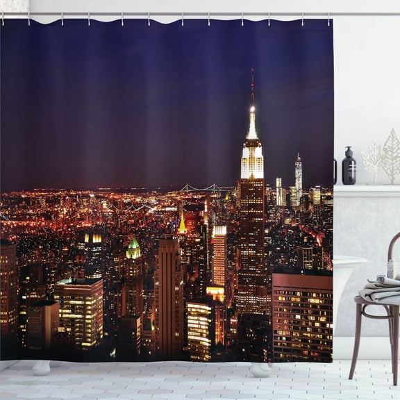 Ambesonne View Shower Curtain, New York Manhattan Nİght, 69"Wx75"L, Orange Blue
