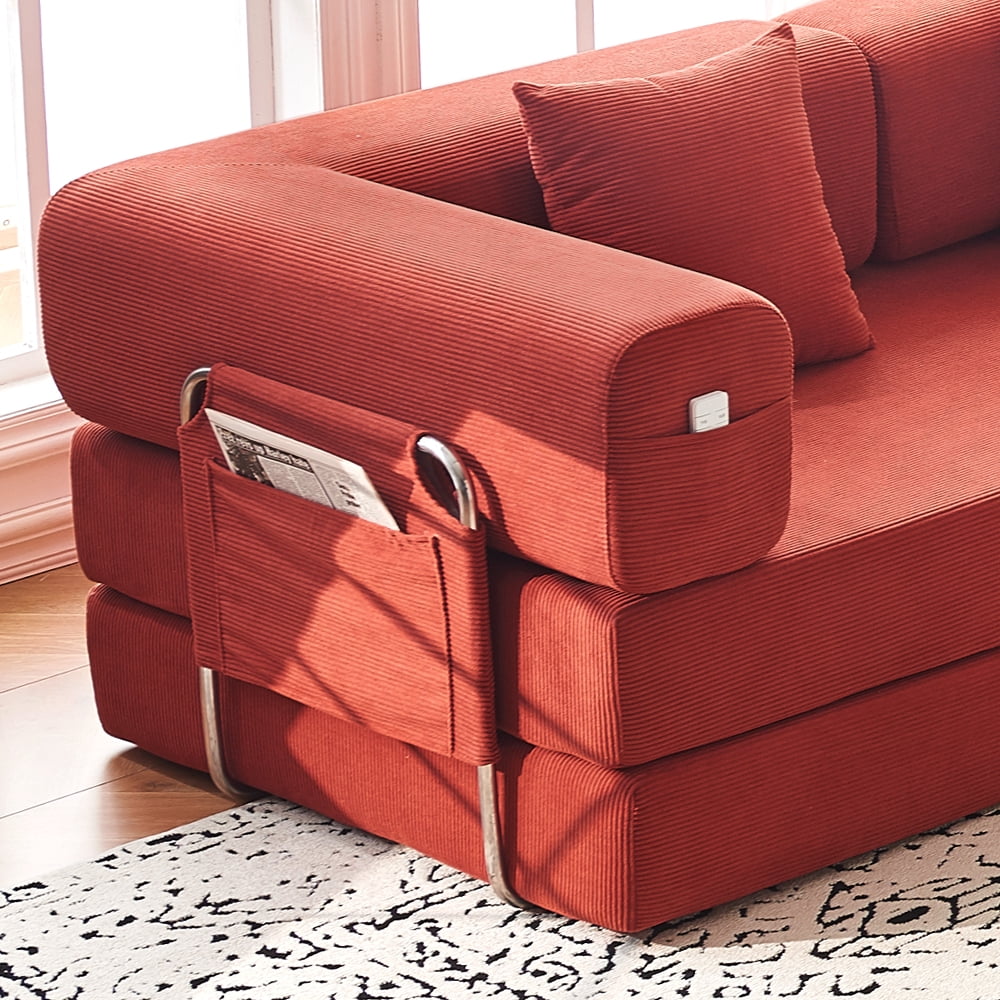 79" Convertible Sofa Bed ,CARZZI LIFE Compressed Floor Boneless Couch Modular Corduroy Sleeper Sofa, Folding Mattress Couch for Small Spaces - No Assembly Needed in Orange with Storge