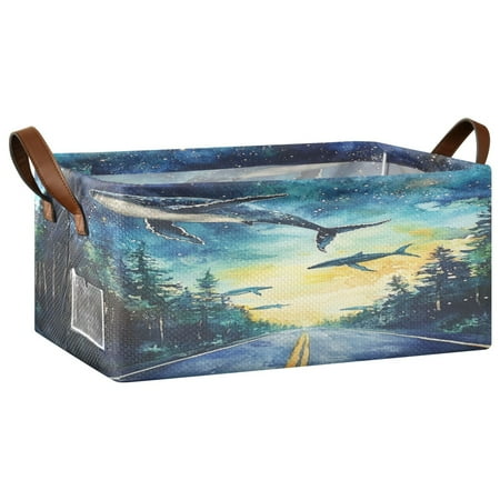 Wobogo Whales in The Forest Storage Basket Soccer Plaid Fabric Oversized Collapsible Hoard Box with Metal Iron Frame 16.9×11.4×7.7in