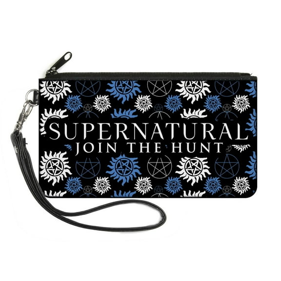 Supernatural Wallet, Zip Pouch, Supernatural Join The Hunt Icons Scattered Black Blues White, Canvas