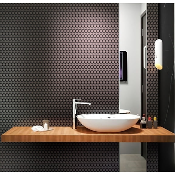 Apollo Tile   5 Pack 12-in x 12-in Anchor Gray Penny Round Glossy Finished Glass Mosaic Wall and Floor Tile (5 sq ft/case)