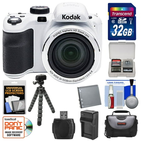 KODAK PIXPRO AZ421 Astro Zoom Digital Camera (White) with 32GB Card + Case + Battery/Charger + Flex Tripod +