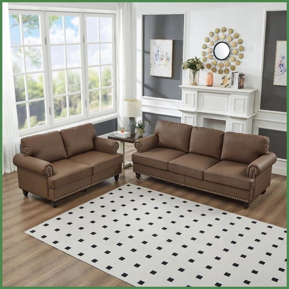 Modern Classic 2 3 Seater Faux Leather Sofa Set with Nail Trim - Brown, Living Room Couch with Hidden Storage