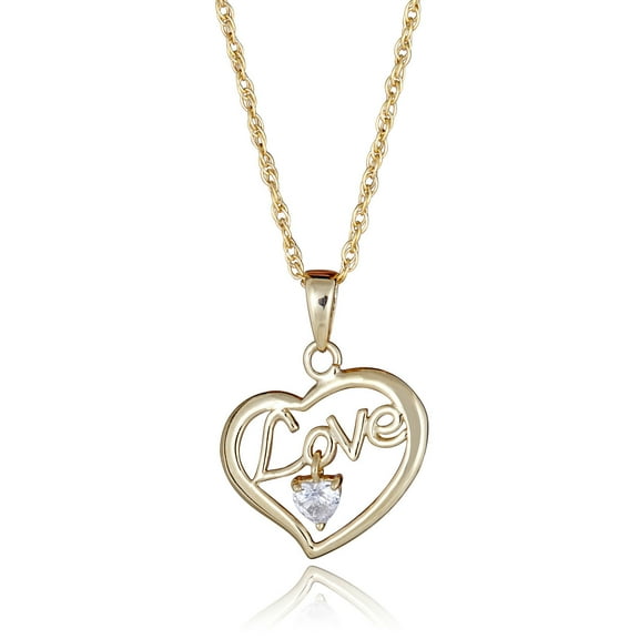 AVORA 10K Yellow Gold Simulated Diamond CZ "Love" Open Heart Pendant Necklace with 18" Chain