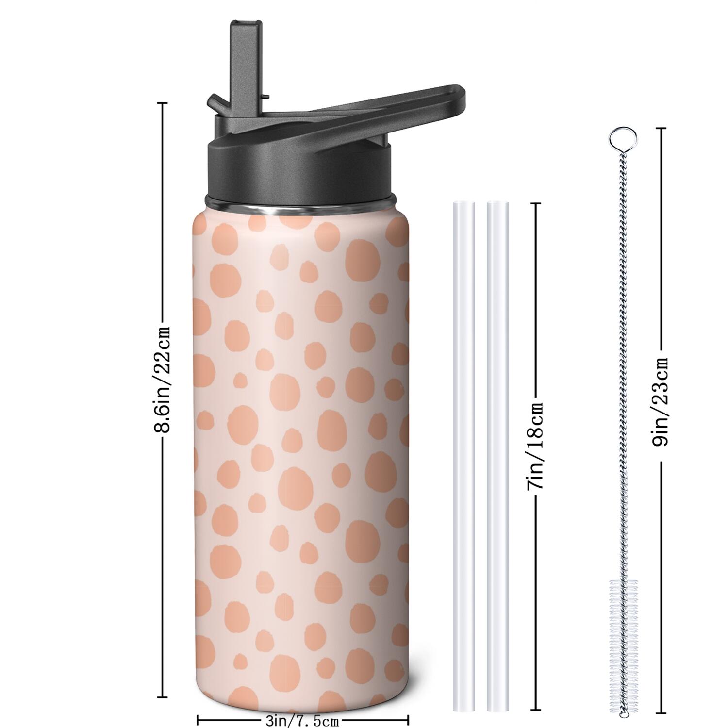 Leopard Print Insulated Stainless Steel Water Bottle with Straw & Cleaning Brush – 18 Oz | Leakproof, BPA-Free, 304 Stainless Steel, Wide Mouth, Travel Mug for Car, Gym, Office