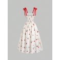 thumbnail image 2 of Multicolor Cherry Print A-Line Dress With Bow Straps, Summer Cute Princess Style, 2 of 6
