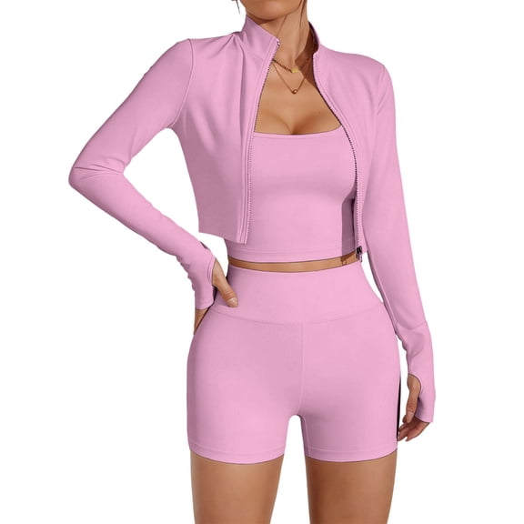 adaychics 3 Piece Workout Set Quick Dry Jacket Camisole Top High Waisted Shorts Sports Clothes for Gym Daily