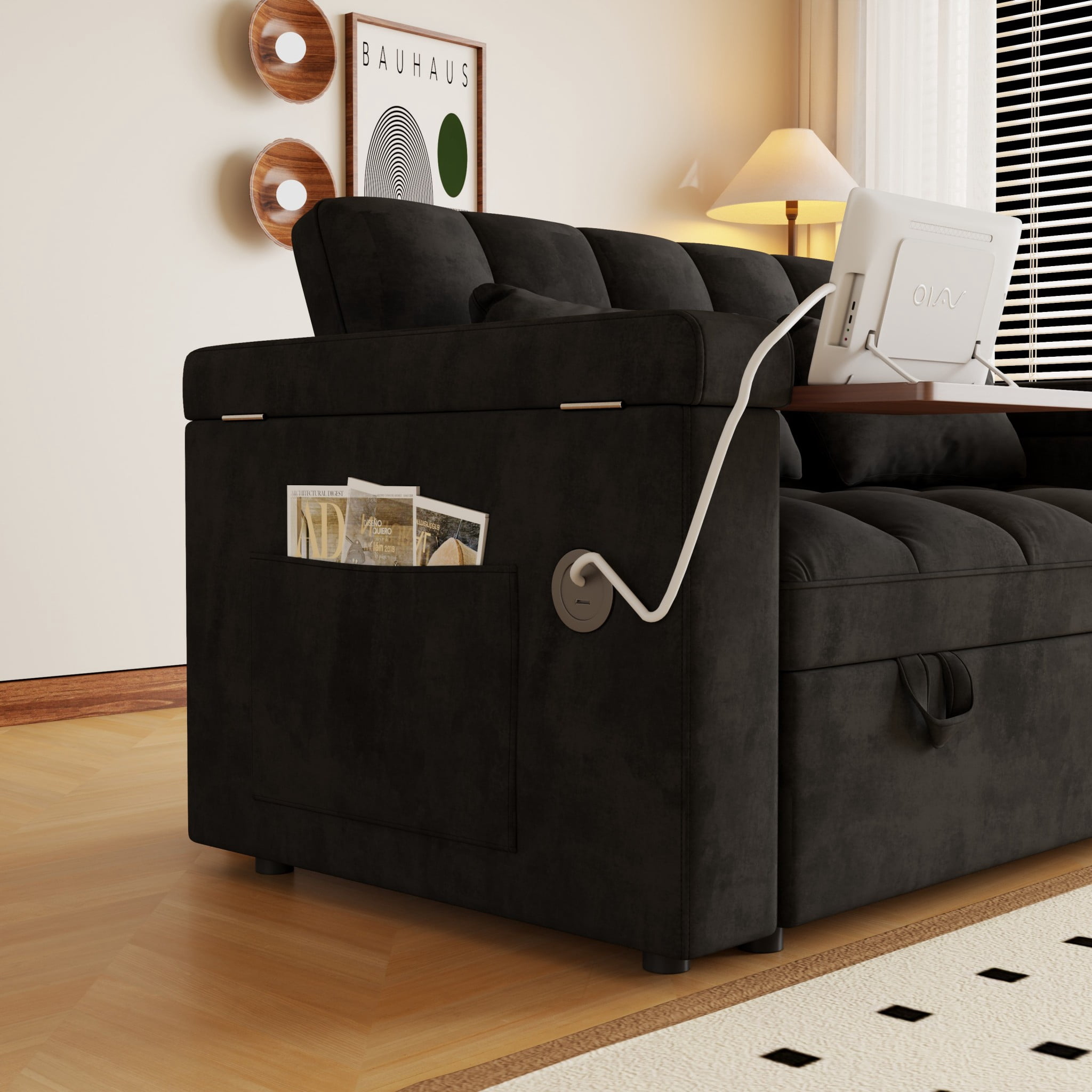 BSHTI 65" 3-in-1 Velvet Foldable Sofa Bed with USB Port & Table Board – 5-Position Adjustable Backrest, Storage Armrests, Large Convertible Sleeper Couch for Living Room, Apartment, Office,Black