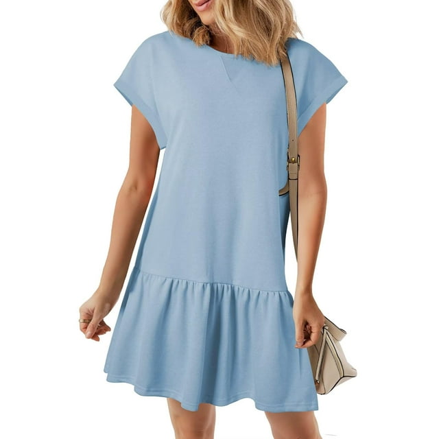 Vestido BLENCOT para mujer, cuello redondo, manga corta, mini, azul beau