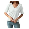 thumbnail image 4 of Womens Going Out Tops Casual V-Neck Cuffed Elbow-Length Sleeve Tshirts Loose Ribbed Knitted Solid Color Soft Basic Pullover Blouses Tees, 4 of 8