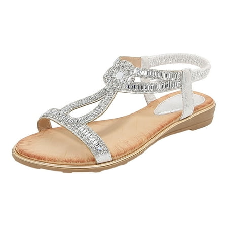 

ZHAGHMIN Bohemian Summer Sandals Womens Rhinestone Flat Bottom Comfortable Beach Shoes Retro Elastic Band Leather Sandals Women Sandalias Silver Size9