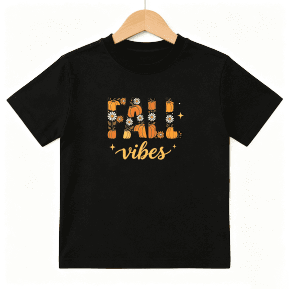 Fall Vibes Pumpkin Daisy Girls Graphic Tee, Retro Autumn Holiday 100% Cotton Kids Short Sleeve T-Shirt