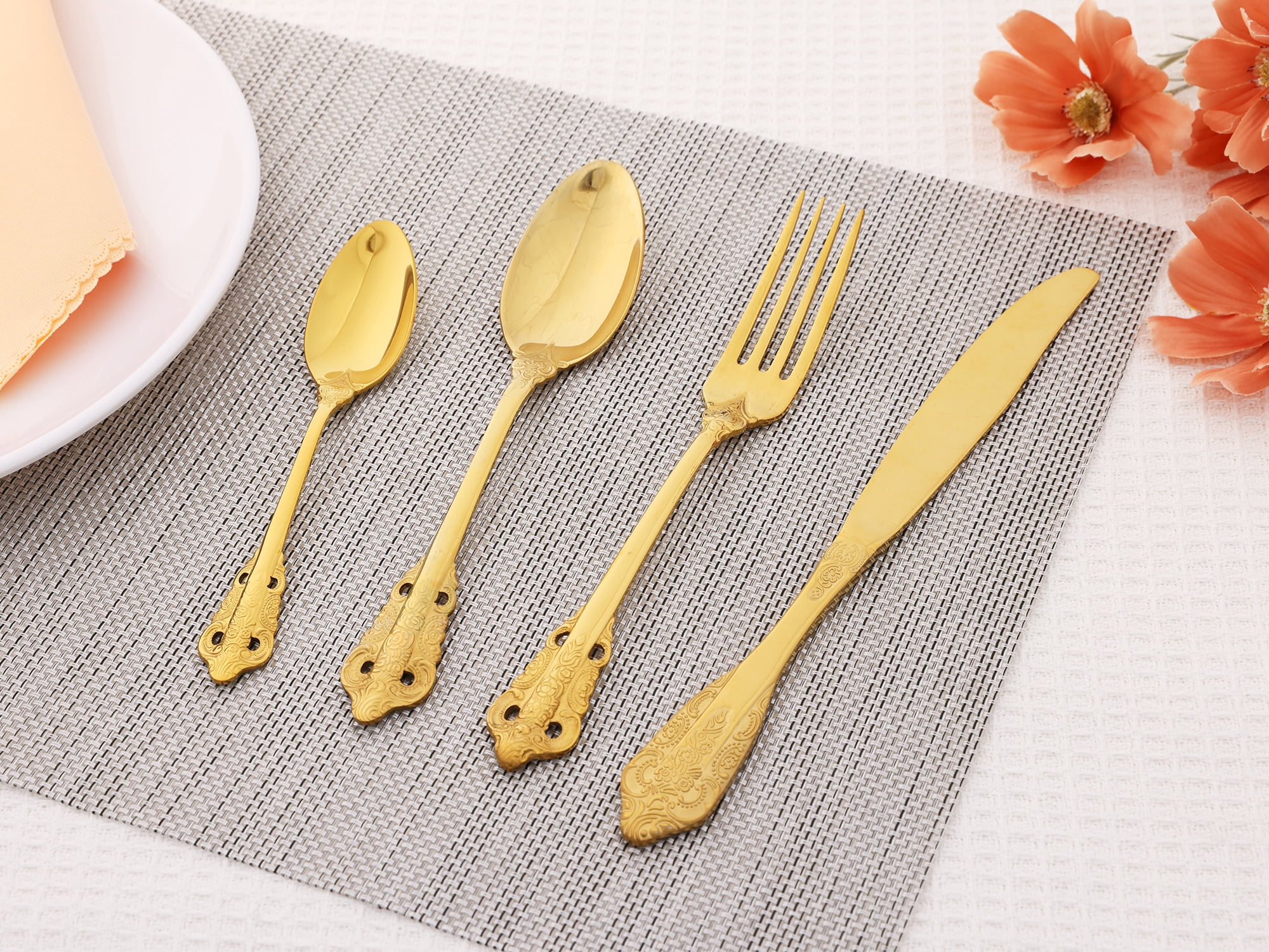 Unique Bargains Silverware Set Stainless Steel Flatware Gold 4 Pcs