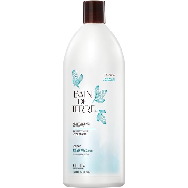 Bain de Terre Jasmin Hydratant SHAMPOO Bouteille de 1 L au design Blanc Épuré, avec illustrations Botaniques Sarcelle et Bouchon Brun. le SHAMPOO Est Sans Parabènes, Sécuritaire pour la Couleur et Infusé d'Huiles de Jasmin, d'Argan et de Monoï pour Nettoyer et Rétablir l'Équilibre de l'Hydratation des Cheveux Normaux à Gras.