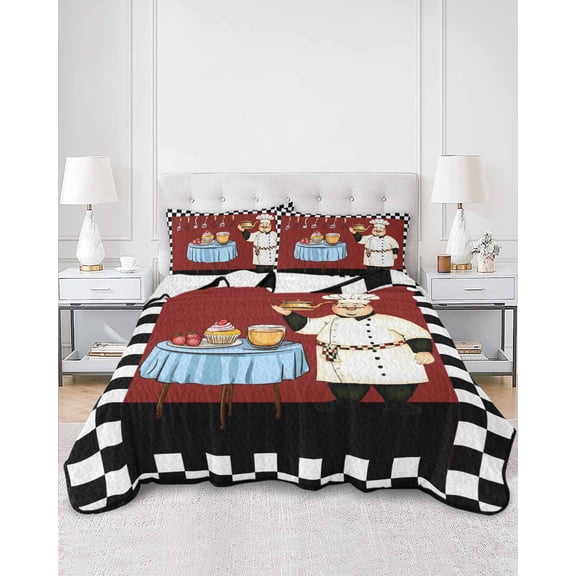 Quilts Twin XL Size, Chef Soft Comforter Bedding Set for Bed, Cartoon Red Food Cooking Black White Buffalo Check Lightweight Quilted Bedspread with Pillow Cover(2 Pieces) for All Season, 68x98 Inch