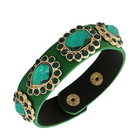 - Faux Green Leather Yellow Gold-Tone CZ Snap Wristband Womens Bangle Bracelet