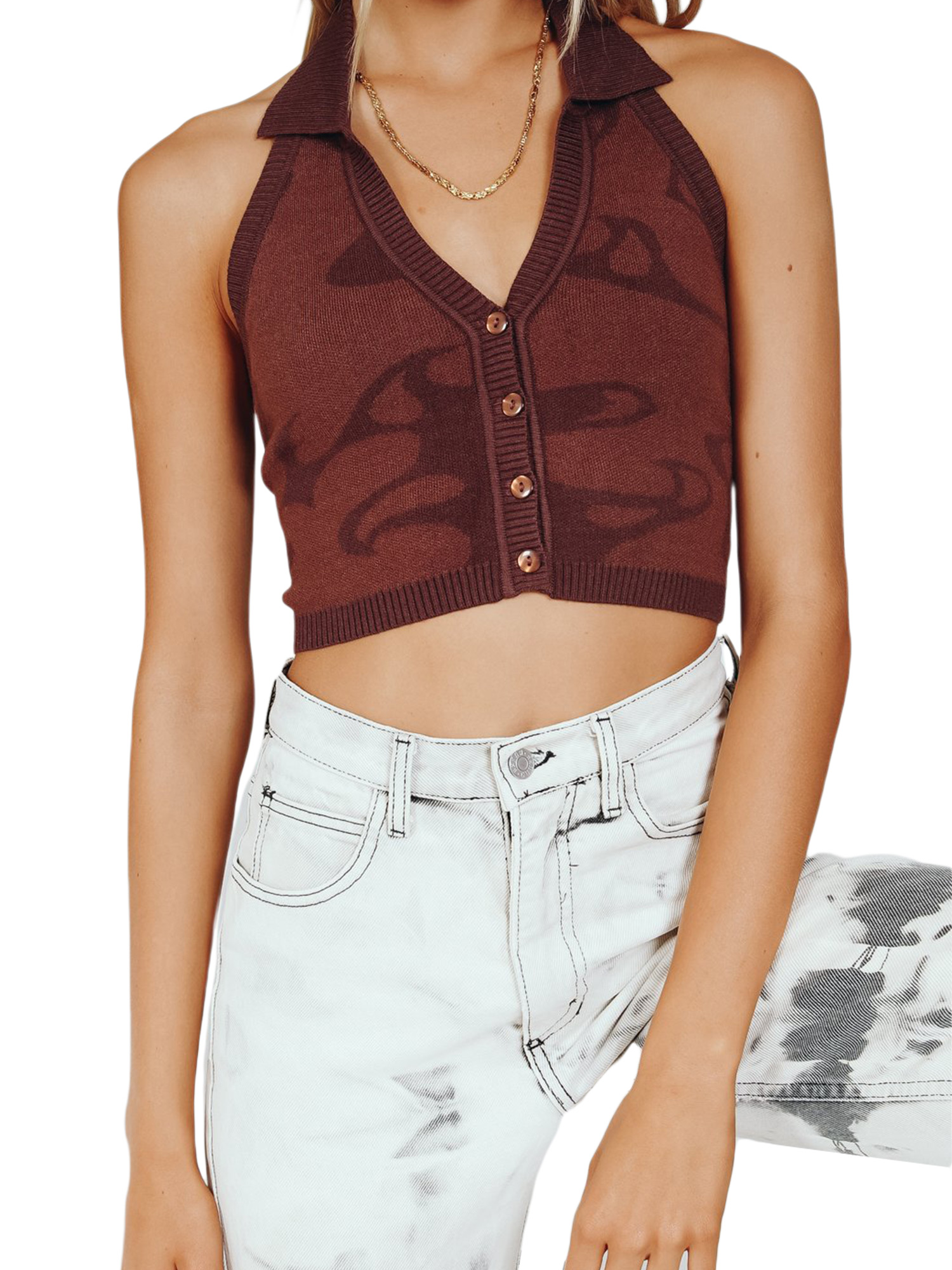 Women Halter Vest Y2K Printed Knit Tank 