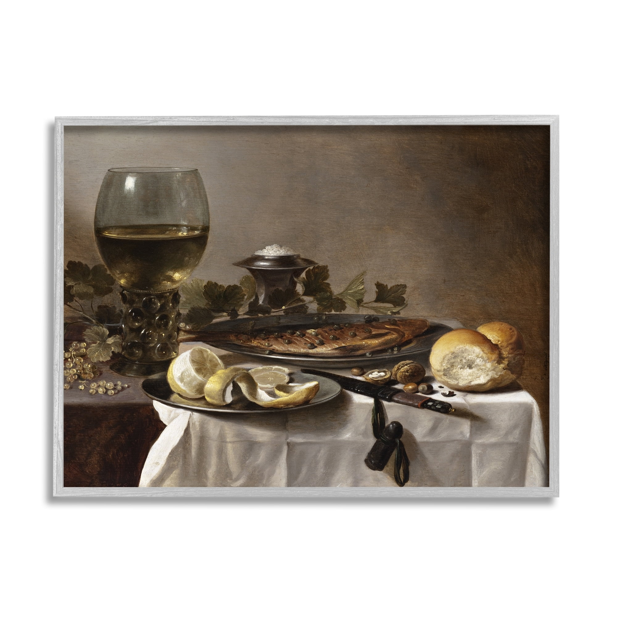 Stupell Industries Still Life with Herring Wine and Bread Pieter Claesz Painting Painting Gray Framed Art Print Wall Art, Design by one1000paintings
