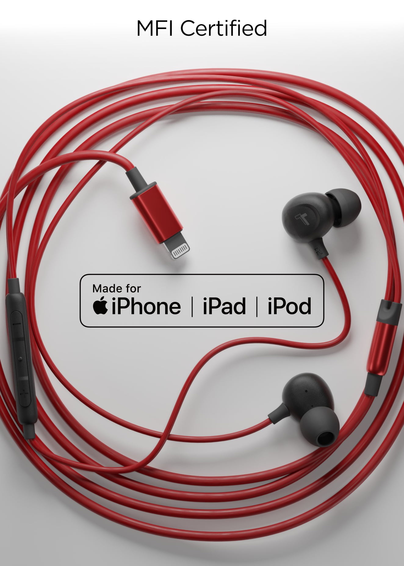 Thore Earphones for iPhone (V60) Wired In Ear Lightning Earbuds (Apple MFi Certified) Headphones with Microphone/Remote for iPhone 13/12/11/Pro Max/Xr/Xs Max/X/8/7 - Red