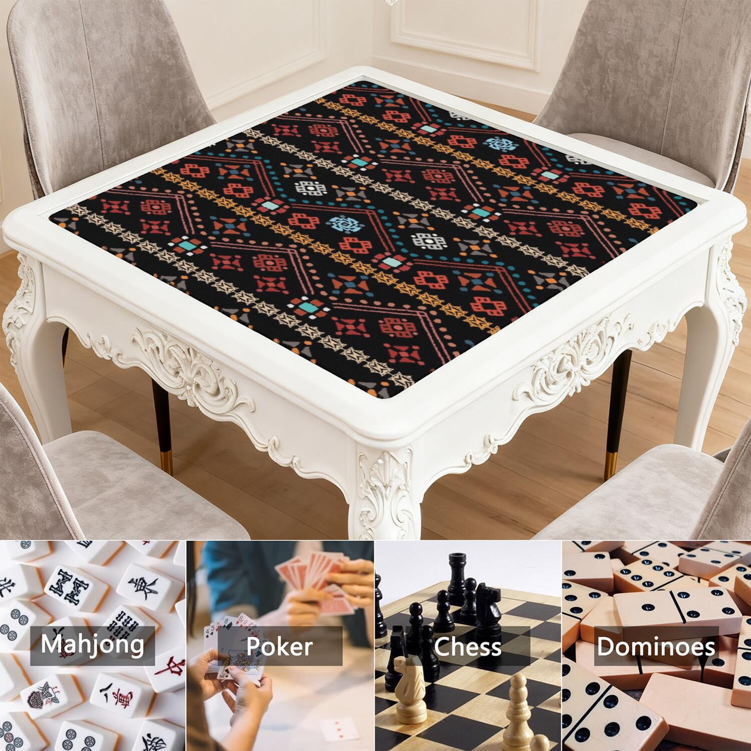 Boho Style Multi-Purpose Rubber Game Mat 31.5 Inch Square Extra Large Mahjong Pad Features Anti-Slip Backing and Noise Reducing Properties for Tiles and Boards