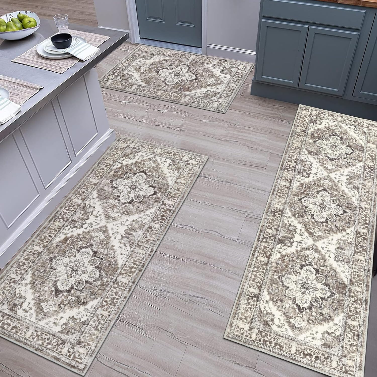 Kitchen Rug and Mat, Yamaziot Boho Kitchen Rug Set of 3, Non Slip Washable Farmhouse Floor Mat Hallway Runner, Laundry Room Carpet