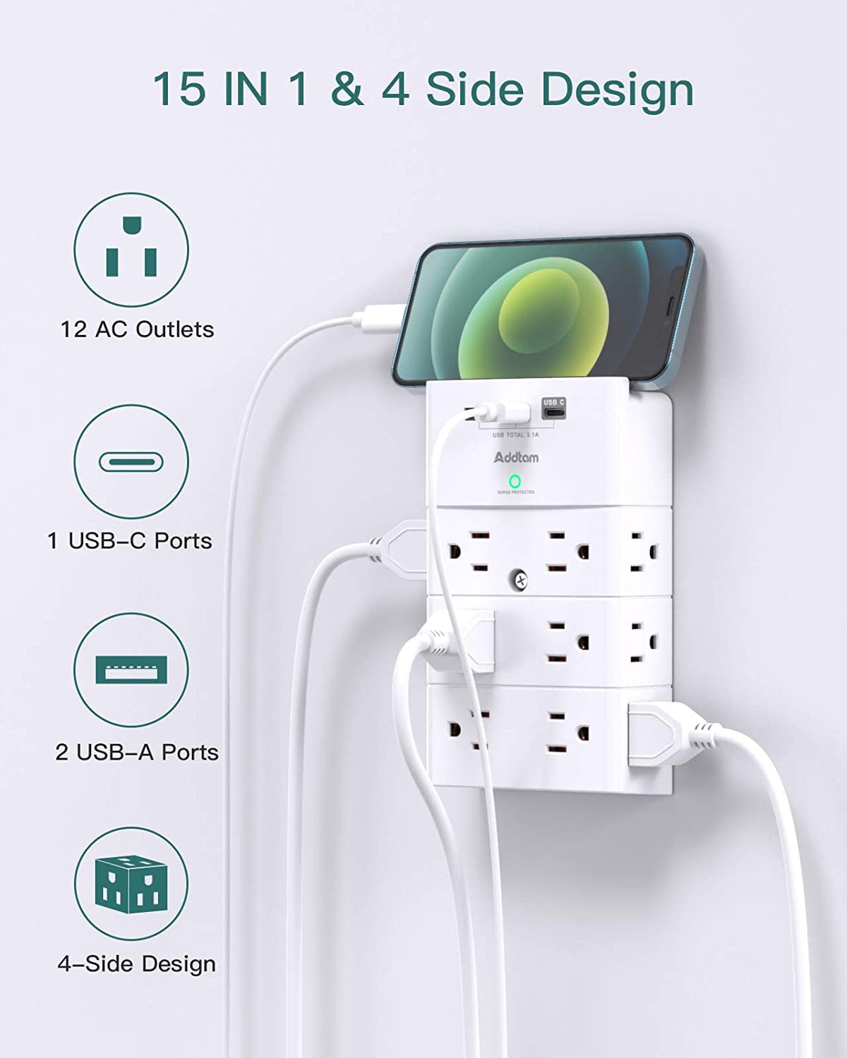 Multi Plug Wall Outlet, Surge Protector Wall Mount with 12 Outlet Extender 4 Sides and 3 USB Ports (1 USB-C), Outlet Splitter Power Strip for Home Office Dorm Room Essentials, White