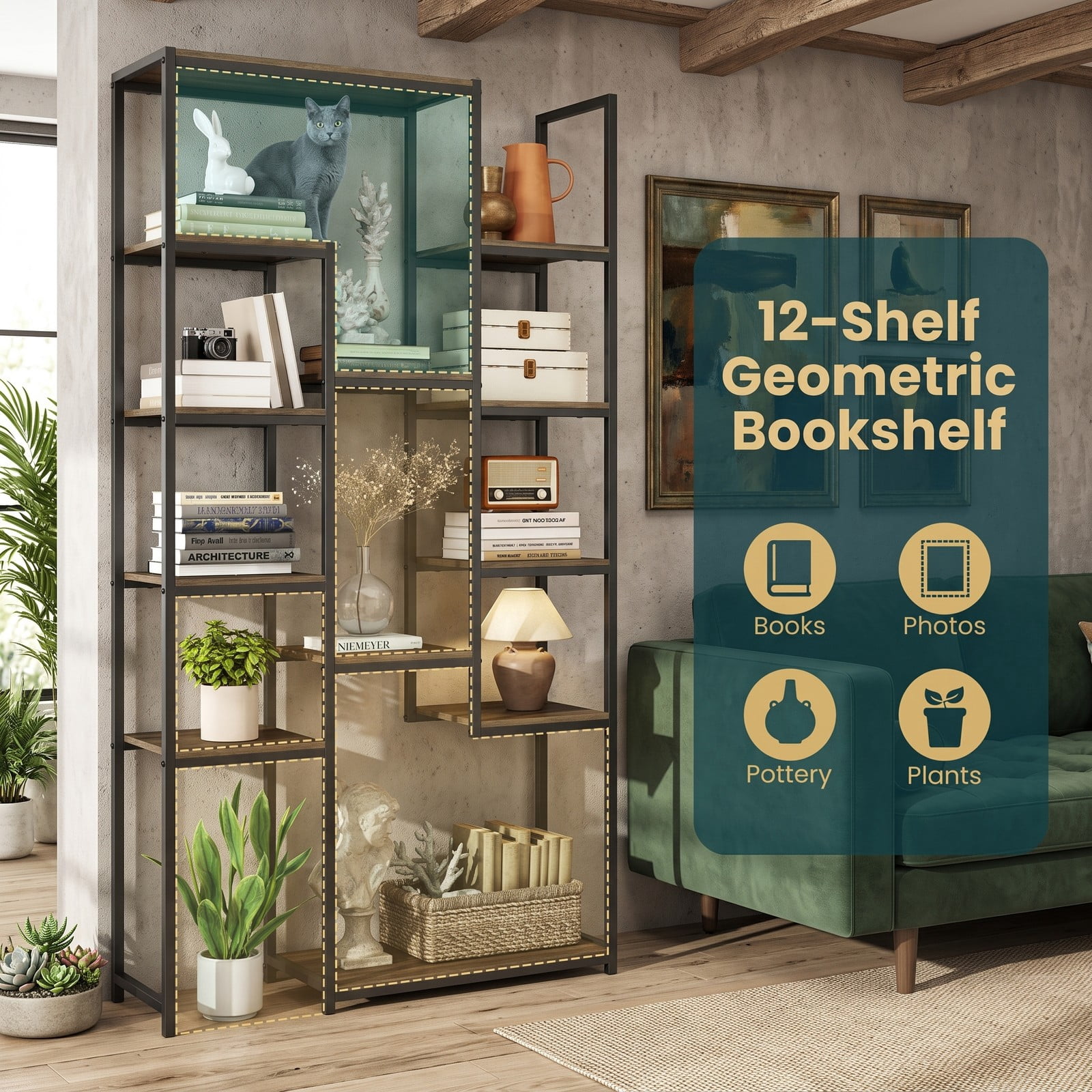 Furnibear 71 Inch Tall Vintage Geometric Bookshelf, 12 Open Shelves Freestanding Bookcase, Industrial Wood and Metal Display Storage Rack with Anti-Tipping Kit, Walnut