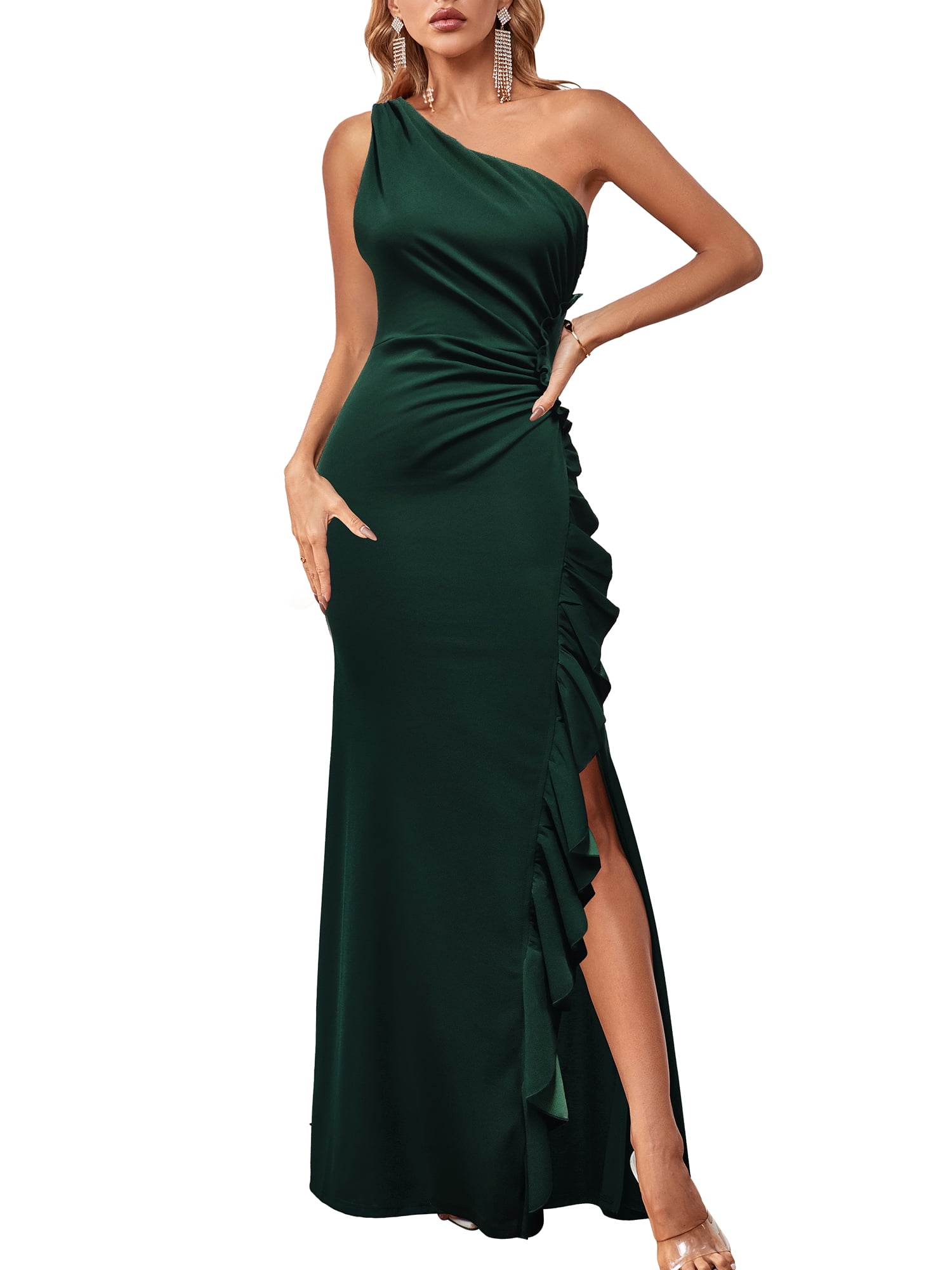 SouqFone Women's Sleeveless High Slit Flounces Trim Formal Dress-M,Dark ...
