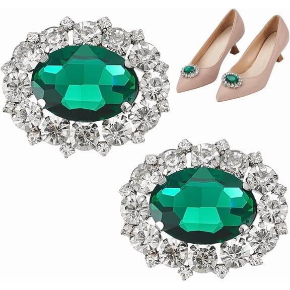 2 Pairs Rhinestone Shoe Clips Green Oval Detachable Rhinestone Shoe Decorations with Platinum Alloy Shoe Buckles Sparkling Decoration