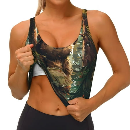 Qokaie Jungle Hat Bear Pattern Womens Scoop Neck Sports Bra Breathable Workout Vest Padded U Back Medium Impact Fitness Gym Yoga Bra Workout Crop Top