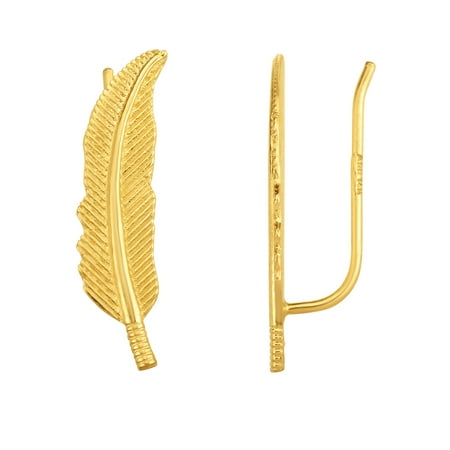 14k Yellow Gold Leaf - 14K Yellow Gold Feather Leaf Design Climber Earrings
