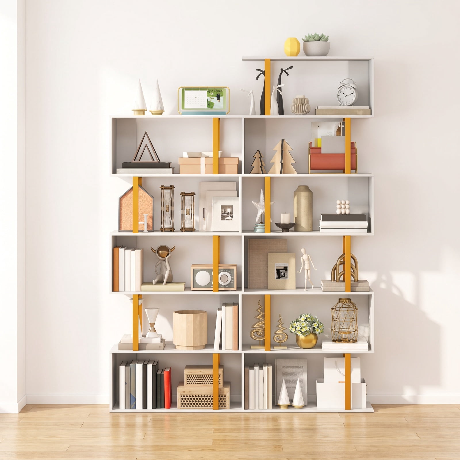 Furnibear 5-Tier/6-Tier Geometric Bookcase with Metal Frame and Anti-tipping Kits-5 Tier for Living Room Home Office Bedroom Display Storage, White