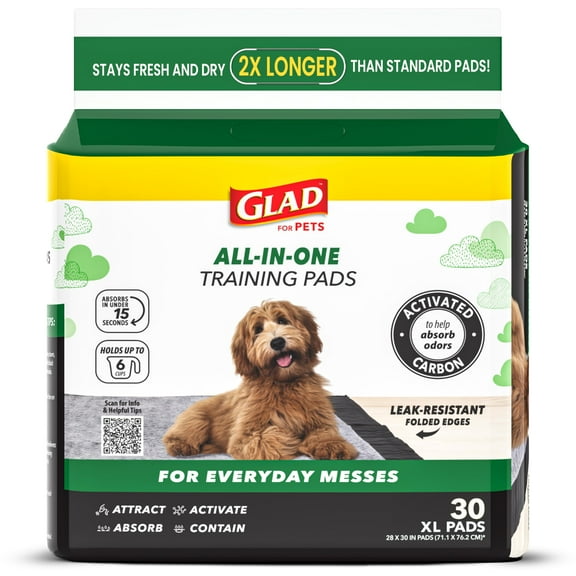 Glad for Pets Extra Large Charcoal Dog Training Pads - Absorbent Disposable Pee Pads for Dogs, Cats & Puppies - Jumbo-Size Potty Pads that Neutralize Urine Instantly - 30 Count Pet Supplies