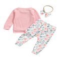 thumbnail image 3 of Baby Girls Spring Fall Clothes Set Solid Color Long Sleeve O-neck Tops Floral Print Trousers Bow-knot Headband, 3 of 6