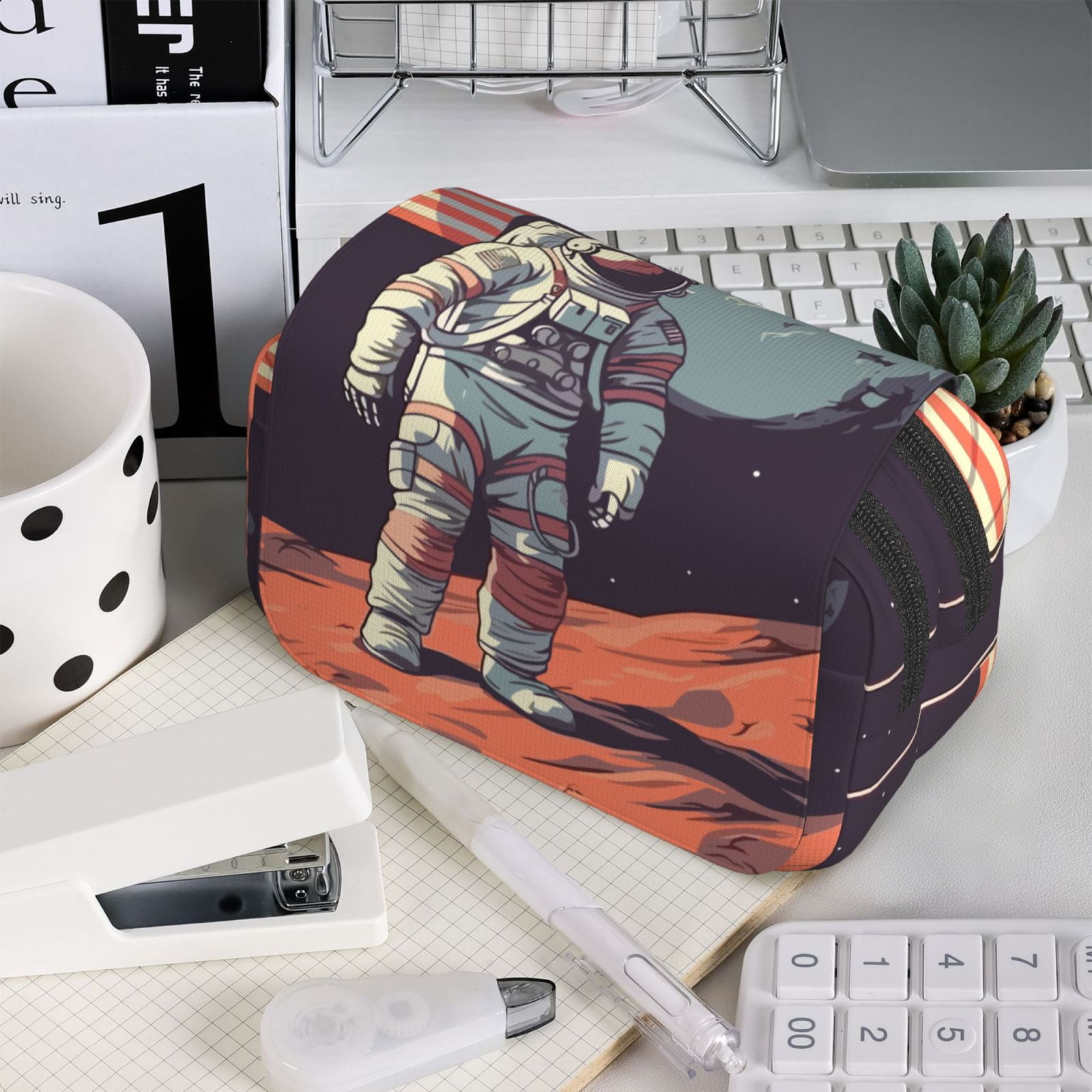 Rateoe Astronaut With American Flag Pattern Double Clamshell Pen Case, Storage Organizer with Two Zipper Compartments– Holds Up to 50 Pencils & Pens