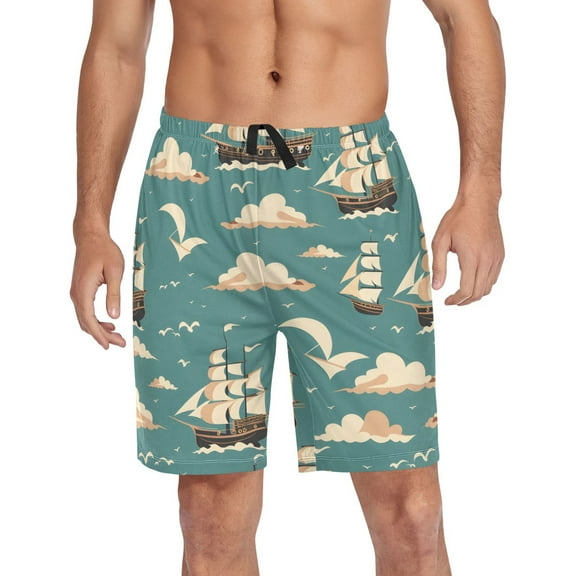 joogoo Mens Swim Trunks Sailboat Seagulls Beach Shorts Drawstring Elastic Waist Swimwear Bathing Suits M
