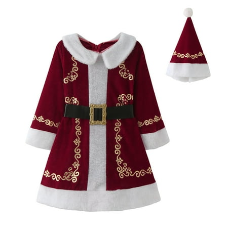 

Toddler Girl Christmas Outfit Toddler Suit Party Dress Hat Belt 3pcs Set Outfits Long Sleeve(Size:3-4 Years)