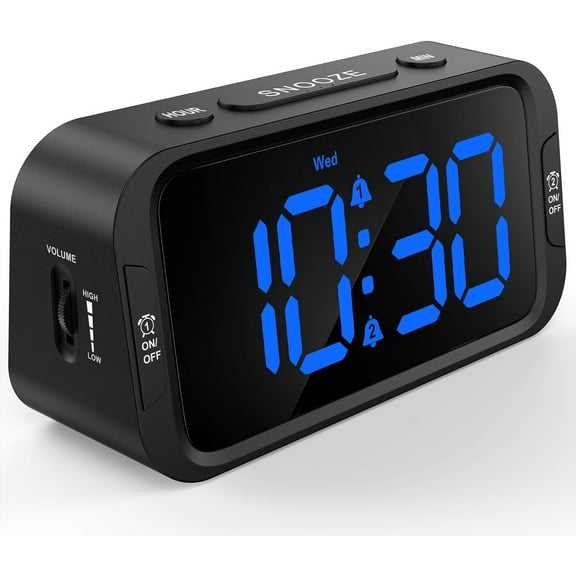 Digital Dual Alarm Clock for Bedroom, Easy to Set, 0-100% Dimmer, USB Charger, 5 Sounds Adjustable Volume, Weekday/Weekend Mode, Snooze, 12/24Hr, Battery Backup, Compact for Bedside(Blue)