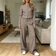 thumbnail image 3 of 2 Piece Women Striped Outfit Button Down Long Sleeve Tops & Wide Leg Pants Teen Fall Casual Fashion Lounge Daily Tracksuit Set, 3 of 7