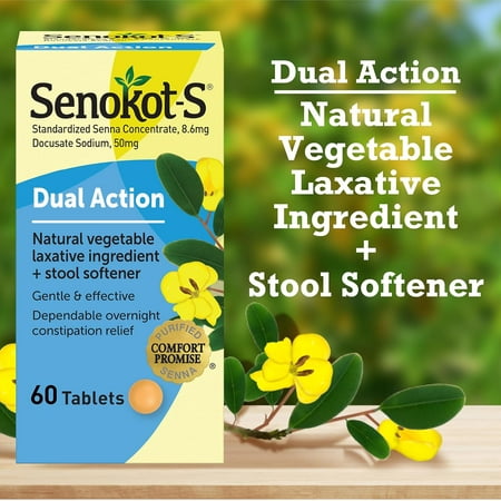 Senokot-S Dual Action, 60 Tablets, Vegetable Laxative Plus Stool Softener Relief of Constipation