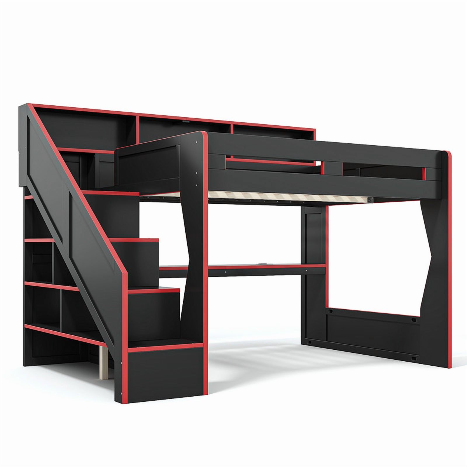Queen Size Teens Gaming Bed Frame with Storage Stair & Open Headboard Shelves, Wood Loft Bed with LED Light & Power Outlet Desk