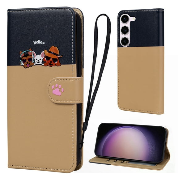 Cute Cartoon Wallet Phone Case for Samsung Galaxy S23, with Card Holder Soft PU Leather Kickstand Cover for Men and Women Magnetic Shockproof Protective with Lanyard, Khaki