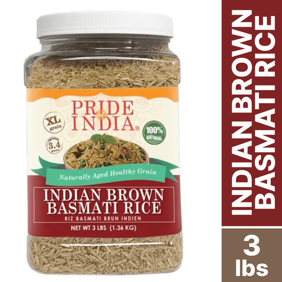 Pride Of India Extra Long Brown Basmati Rice, Naturally Aged Healthy Grain, 3 lbs Jar, Gluten-Free - Non Sticky Aromatic Whole Grain Brown Rice For Rice Bowls, Pilaf And Everyday Cooking