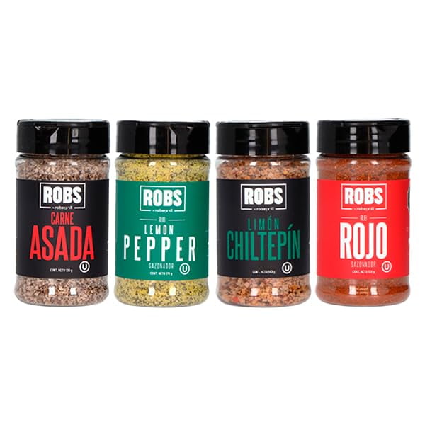 ROBS by Robegrill Kit Esencial (4 piezas) Sazonadores- Sal Carne Asada, Sazonador Limón Chiltepín, Rub Rojo y Sazonador Lemon Pepper
