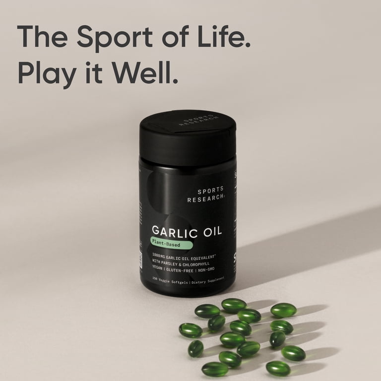 Sports Research Odorless Garlic Oil Pills (1000mg) with Parsley &  Chlorophyll (150 V-Softgels)