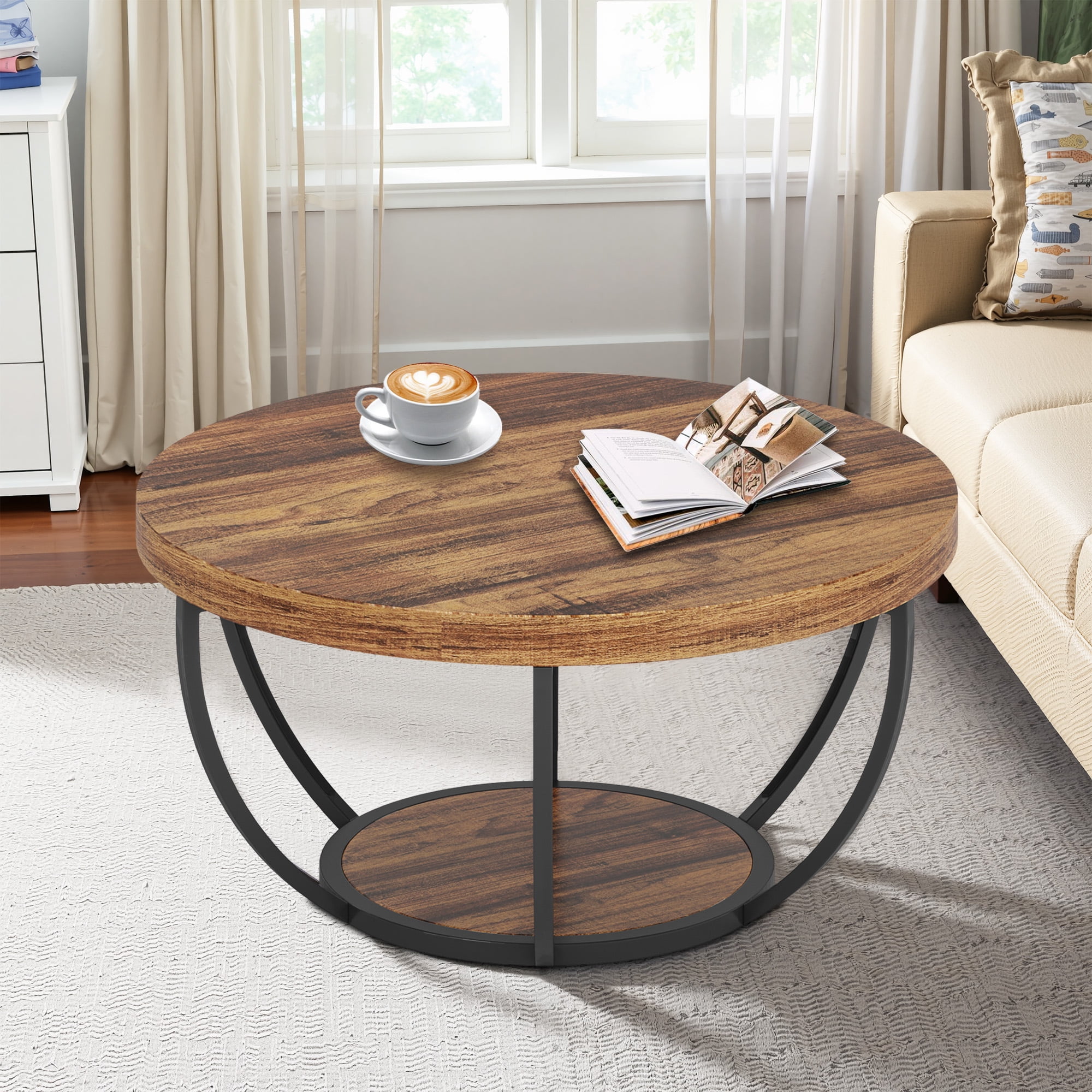 MAYEERTY 2 Tier Round Coffee Table Thickened Engineered Wood Sturdy Metal Base