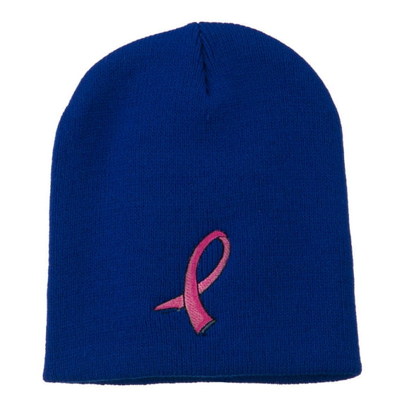 Hot Pink Ribbon Breast Cancer Embroidered Short Beanie - Royal OSFM