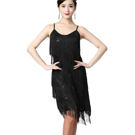 Women Vintage Great Party Sequin Dress Sexy V-Neck Summer Cami Dress Gold Fringe Dress